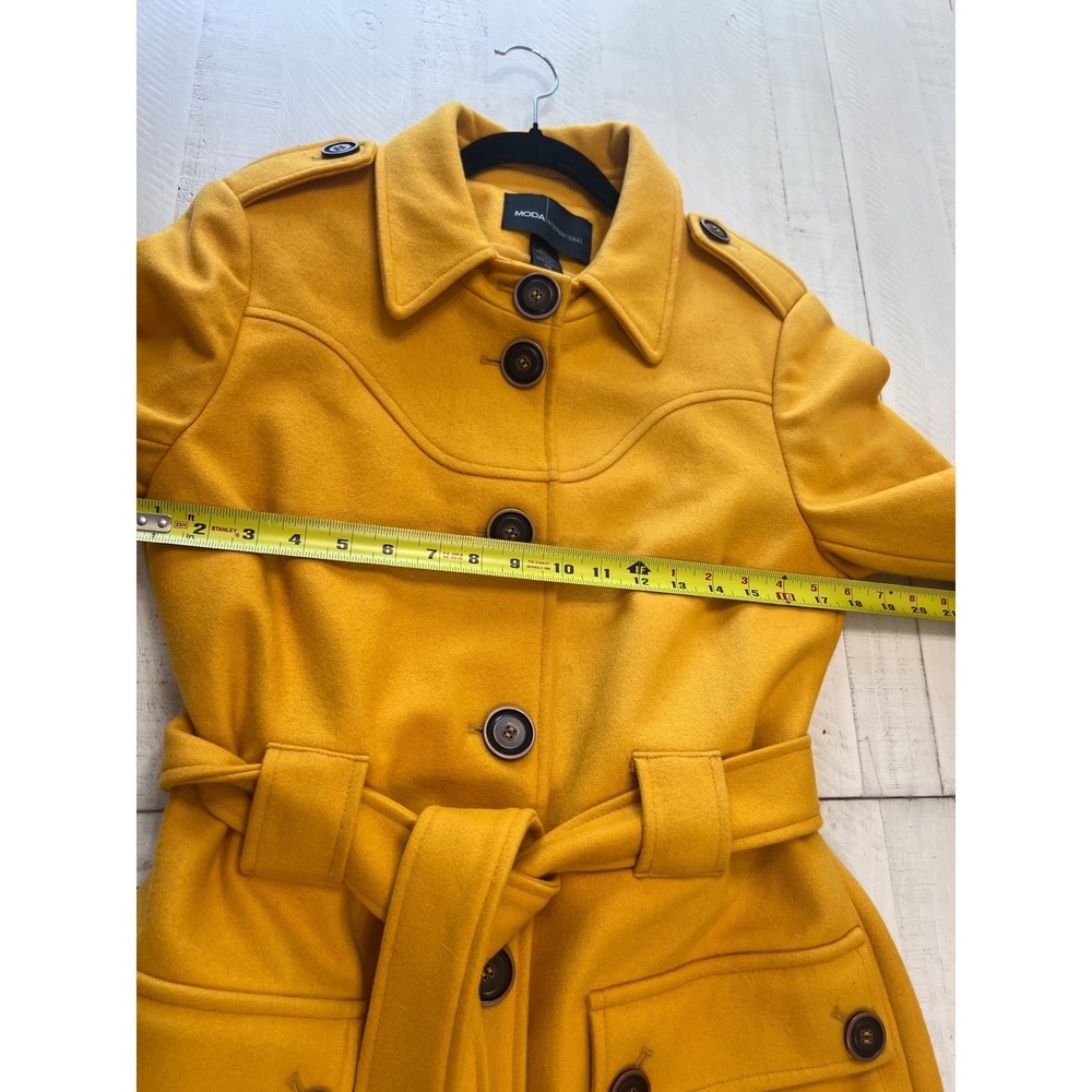 Moda International Mustard Yellow Wool Blend Belted Trench Coat Womens Sz 10 - Picture 4 of 9